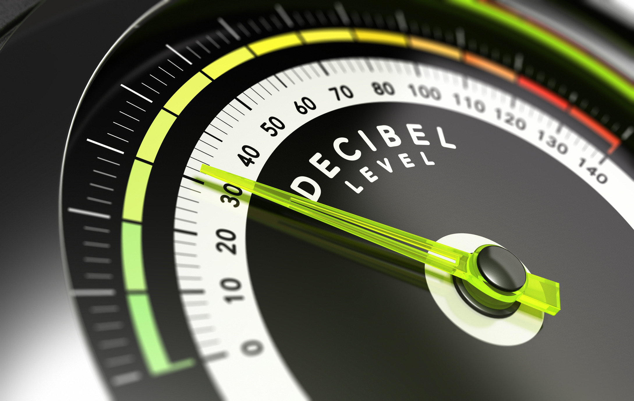 Decibel measurement - gauge with green needle pointing 30 dB